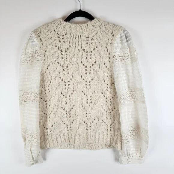 Sea New York Ellie Combo Sweater Cable Knit Puff Lace Sleeves Cream Alpaca Wool - Picture 5 of 14
